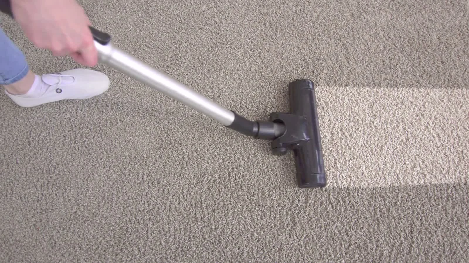 Vacuuming the pile before treating a pet accident, the first step of in-home rug cleaning in Los Angeles